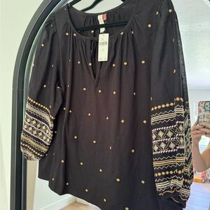 Anthropologie Black and Cream Embellished Boxy Blouse
